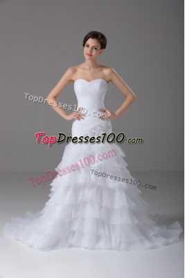 New Style White Mermaid Organza Sweetheart Sleeveless Beading and Ruffled Layers Lace Up Wedding Gown Brush Train