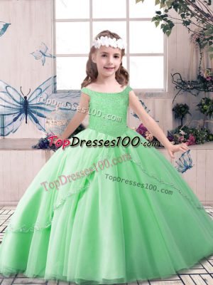 Beauteous Tulle Off The Shoulder Sleeveless Lace Up Beading Little Girl Pageant Dress in Apple Green