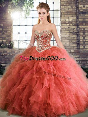 Customized Coral Red Tulle Lace Up Sweetheart Sleeveless Floor Length Vestidos de Quinceanera Beading and Ruffles