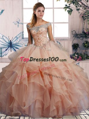 Discount Pink Ball Gowns Off The Shoulder Sleeveless Organza Floor Length Lace Up Beading and Ruffles Quinceanera Dress