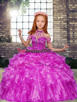 Lilac High-neck Lace Up Beading and Ruffles Little Girls Pageant Gowns Sleeveless