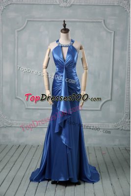 Fantastic Blue Prom Dress Elastic Woven Satin Brush Train Sleeveless Beading and Ruching