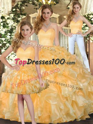 Three Pieces 15th Birthday Dress Gold Sweetheart Organza Sleeveless Floor Length Lace Up