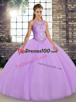 Wonderful Lavender Tulle Lace Up Quinceanera Gowns Sleeveless Floor Length Embroidery