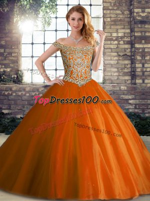 Great Orange Red Tulle Lace Up Quinceanera Gown Sleeveless Brush Train Beading