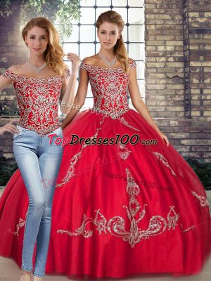 Inexpensive Red Quince Ball Gowns Military Ball and Sweet 16 and Quinceanera with Beading and Embroidery Off The Shoulder Sleeveless Lace Up