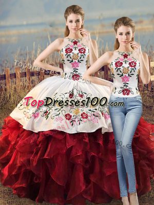 Floor Length Two Pieces Sleeveless White And Red Quinceanera Dress Lace Up