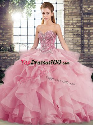 Fabulous Pink Lace Up Sweetheart Beading and Ruffles Quinceanera Gown Tulle Sleeveless Brush Train