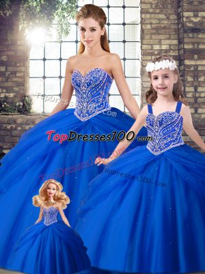 Stunning Lace Up Quinceanera Gown Royal Blue for Military Ball and Sweet 16 and Quinceanera with Beading and Pick Ups Brush Train
