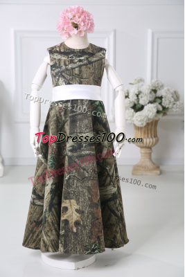 Scoop Sleeveless Flower Girl Dress Floor Length Belt Multi-color Printed