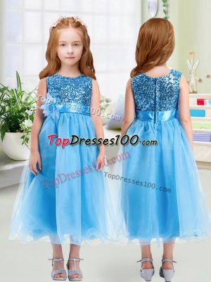Custom Fit Empire Toddler Flower Girl Dress Baby Blue Scoop Organza Sleeveless Tea Length Zipper