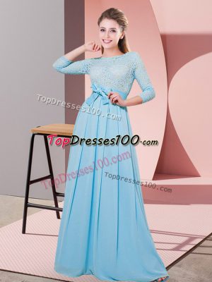 Stylish Lace and Belt Bridesmaid Dress Baby Blue Side Zipper 3 4 Length Sleeve Floor Length