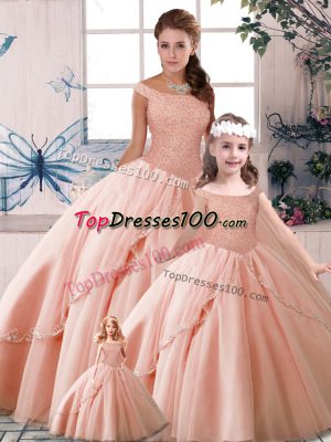 Sleeveless Brush Train Beading Lace Up Sweet 16 Dresses
