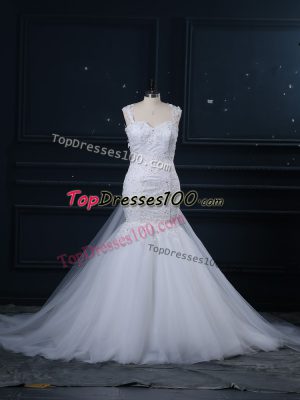 White Mermaid Tulle Straps Sleeveless Lace Side Zipper Wedding Gown Brush Train