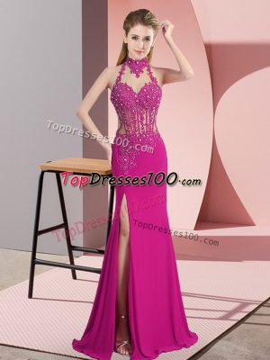 Classical Fuchsia Sleeveless Floor Length Lace and Appliques Backless Prom Dress
