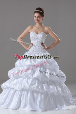 Sweetheart Sleeveless Taffeta Bridal Gown Embroidery and Pick Ups Brush Train Lace Up