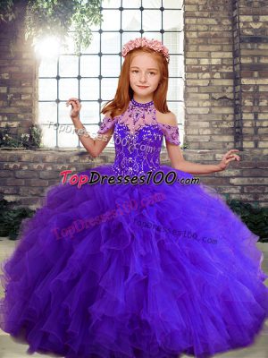 Purple Ball Gowns Beading and Ruffles Little Girls Pageant Dress Wholesale Lace Up Tulle Sleeveless Floor Length