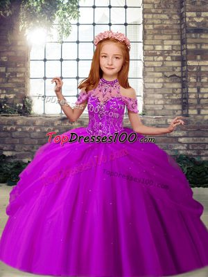 Lovely Purple Tulle Lace Up High-neck Sleeveless Floor Length Pageant Gowns For Girls Beading