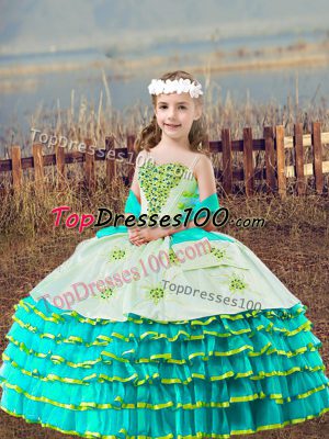 Straps Sleeveless Organza Child Pageant Dress Beading and Embroidery and Ruffled Layers Lace Up