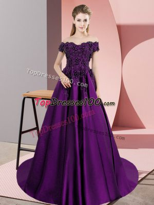 Designer Eggplant Purple Satin Zipper Quince Ball Gowns Sleeveless Court Train Appliques