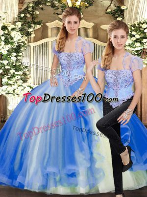 Floor Length Blue Vestidos de Quinceanera Tulle Sleeveless Beading and Ruffles