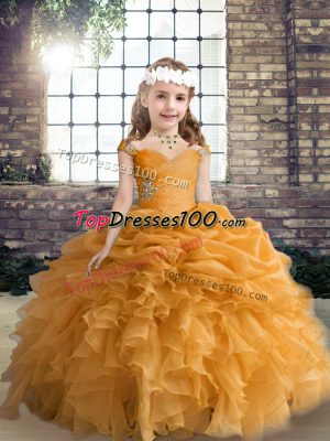 Wonderful Orange Ball Gowns Beading and Ruffles and Pick Ups Girls Pageant Dresses Lace Up Organza Sleeveless Floor Length