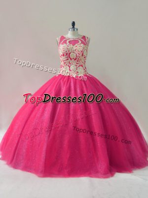 Fitting Hot Pink Scoop Lace Up Appliques Quinceanera Gowns Sleeveless