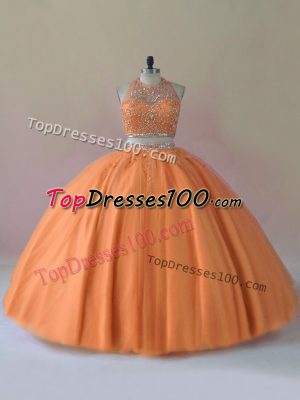 Beading 15 Quinceanera Dress Orange Backless Sleeveless Floor Length