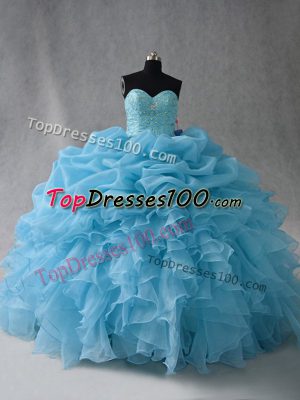 Floor Length Baby Blue Quinceanera Gowns Organza Sleeveless Beading and Ruffles and Pick Ups