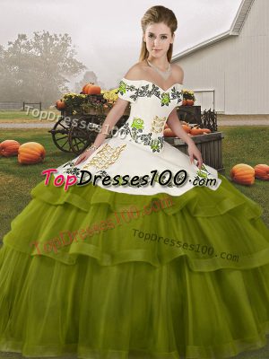Adorable Olive Green Lace Up Quinceanera Gown Embroidery and Ruffled Layers Sleeveless Brush Train
