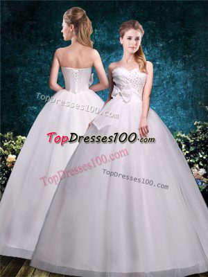 Fantastic White Tulle Lace Up Bridal Gown Sleeveless Floor Length Beading and Bowknot