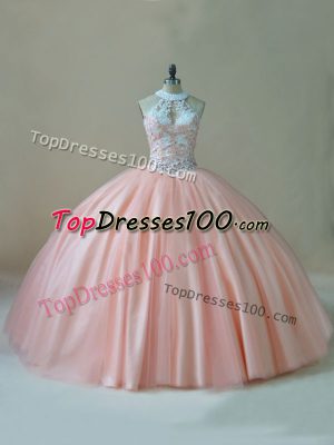 Ball Gowns Sweet 16 Dresses Peach Halter Top Tulle Sleeveless Floor Length Lace Up