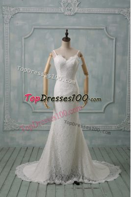 High Quality White Column/Sheath Lace Spaghetti Straps Sleeveless Lace Backless Wedding Gown Brush Train