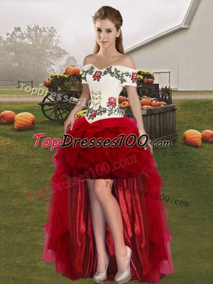 Modern Wine Red Tulle Lace Up Off The Shoulder Sleeveless High Low Prom Gown Embroidery