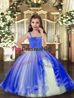 Great Sleeveless Floor Length Beading Lace Up Little Girls Pageant Gowns with Blue