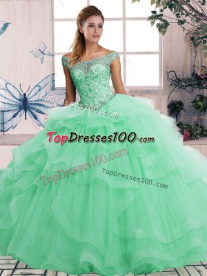 Comfortable Apple Green Lace Up Quinceanera Dresses Beading and Ruffles Sleeveless Floor Length