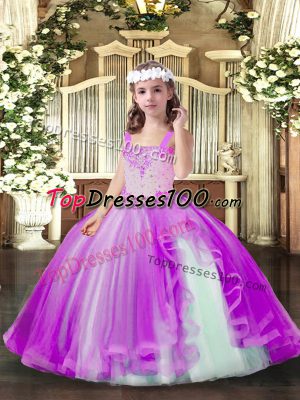 Lilac Ball Gowns Beading Pageant Gowns For Girls Lace Up Tulle Sleeveless Floor Length