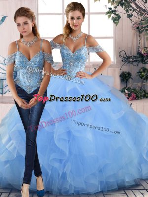 Customized Floor Length Ball Gowns Sleeveless Blue Ball Gown Prom Dress Lace Up