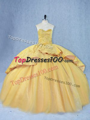 Dramatic Sweetheart Sleeveless Court Train Lace Up Sweet 16 Dresses Gold Satin and Tulle