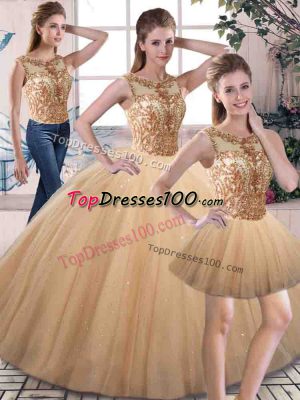 Vintage Gold Tulle Lace Up Quinceanera Dresses Sleeveless Floor Length Beading