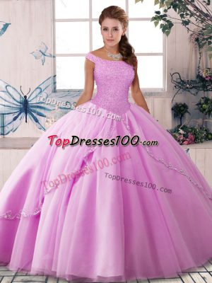 Brush Train Ball Gowns Quince Ball Gowns Lilac Off The Shoulder Tulle Sleeveless Lace Up