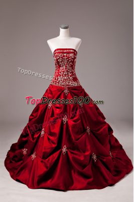 Wine Red Sleeveless Brush Train Beading and Embroidery Wedding Gowns