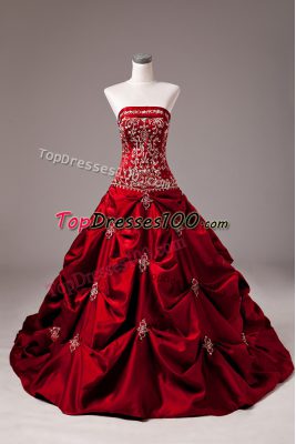Wine Red Sleeveless Brush Train Beading and Embroidery Wedding Gowns