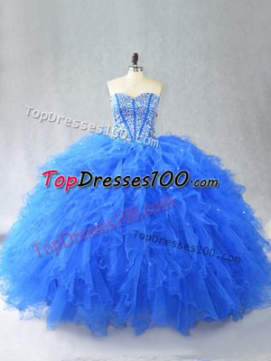 Blue 15 Quinceanera Dress Sweet 16 and Quinceanera with Beading and Ruffles Sweetheart Sleeveless Lace Up
