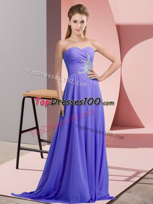 Sumptuous Halter Top Sleeveless Homecoming Dress Floor Length Beading and Ruching Lavender Chiffon