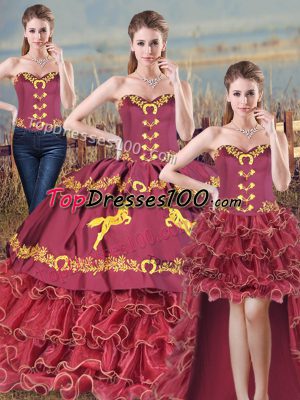 Flare Burgundy Satin and Organza Lace Up Sweet 16 Dresses Sleeveless Brush Train Embroidery and Ruffles