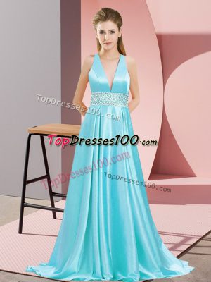 Sleeveless Beading Backless Evening Wear with Aqua Blue Brush Train