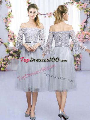 Grey Tulle Lace Up Bridesmaid Dress 3 4 Length Sleeve Tea Length Lace and Belt