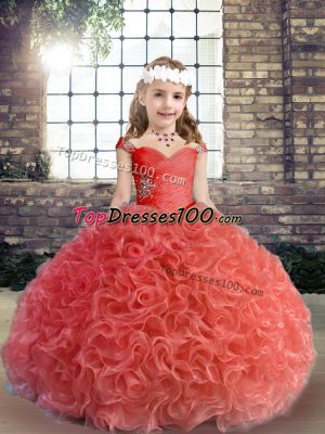 Custom Fit Straps Sleeveless Girls Pageant Dresses Floor Length Beading and Ruching Red Fabric With Rolling Flowers