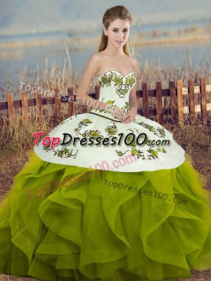Cheap Olive Green Tulle Lace Up Sweet 16 Quinceanera Dress Sleeveless Floor Length Embroidery and Ruffles and Bowknot